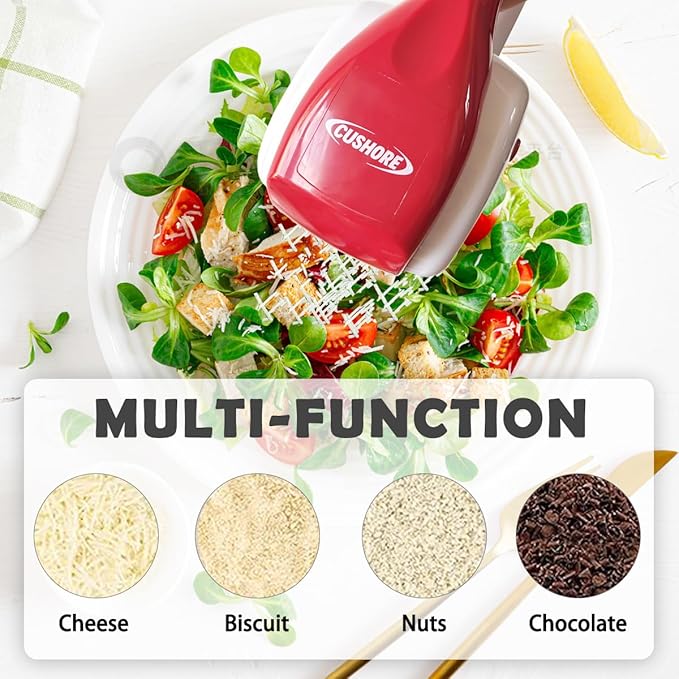 Electric Hard Cheese Grater, Model CES03D, Red, Stainless Steel, Automatic, Cordless, 3 Interchangeable Blades, Easy to Clean