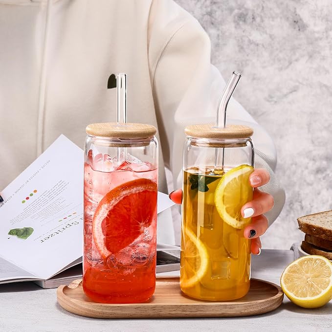 DWTS DANWEITESI Glass Cups “20oz”,Glass Cups with Lids and Straws 4 pcs-Coffee Cups,Drinking Glasses Set,Glass Tumbler with Straw and Lid Gift 2 Cleaning Brushes