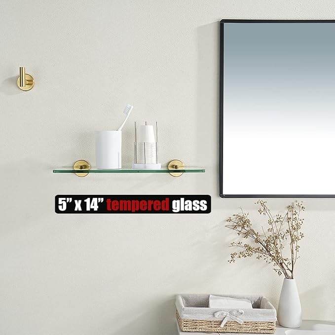 JQK Bathroom Glass Shelf Gold, Tempered Glass Shower Storage 14 by 5 inches, 304 Stainless Steel Brushed Gold Wall Mount, TGS101L14-BG