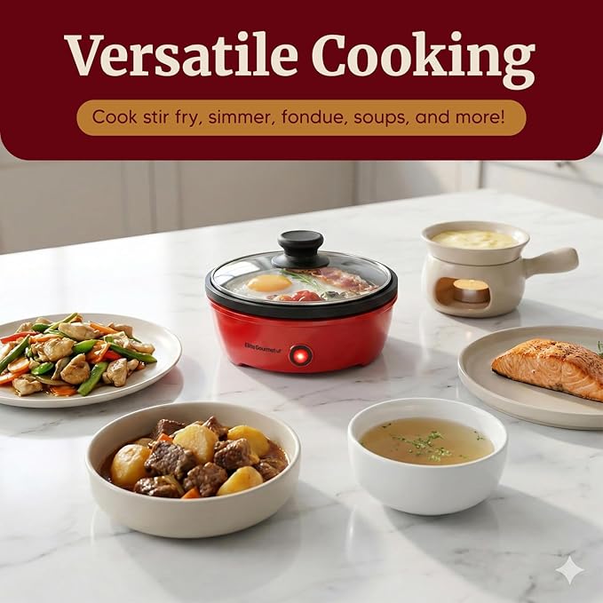Elite Gourmet EGL-6101 Personal Stir Fry Griddle Pan, Rapid Heat Up, 650 Watts Non-stick Electric Skillet with Tempered Glass Lid, Red