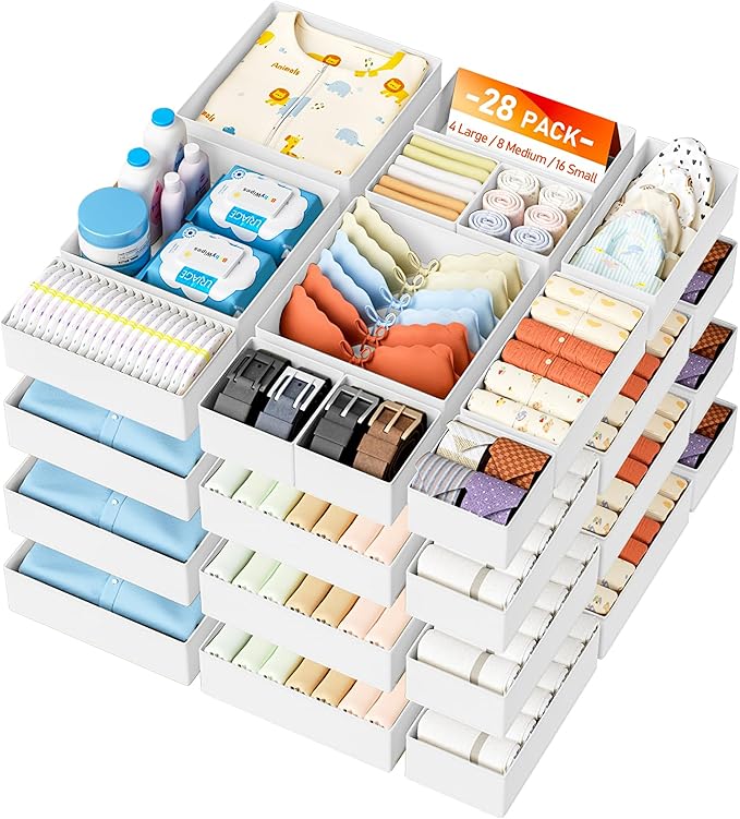 DIMJ Drawer Organizer Clothes 28 Pack - Foldable Baby Organizers and Storage Dresser Organizer for Bedroom, Closet Nursery Organization Dresser Dividers for underwear, Sock, Bra, Belt, Tie