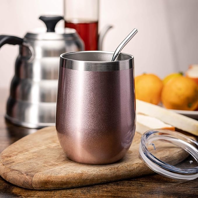 COMOOO Rose Gold Stainless Steel Wine Tumbler Bulk with Lid and Straw 12oz Double Wall Vacuum Insulated Tumbler Cup Stemless for Hot and Cold Drinks, Coffee, Wine, Cocktails Rose gold, 8 Pack
