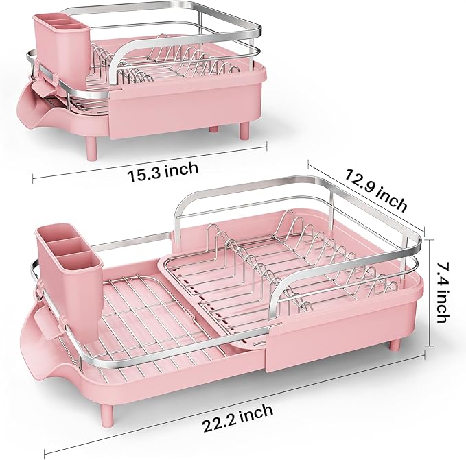 SAYZH Dish Drying Rack - Expandable Dish Rack for Kitchen Counter, Rust-Resistant Dish Drainer with Utensil Holder and Raised Guardrail, Kitchen Organizer for Cup and Bottle (Pink)