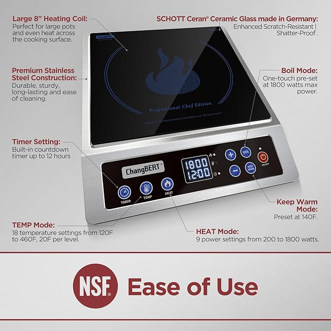 ChangBERT Induction Cooktop NSF Certified Professional Chef Edition Stove, 1800W Commercial Induction Burner with Schott Glass, Large Heating Coil Electric Hot Plate for Restaurant Hotel Food Station