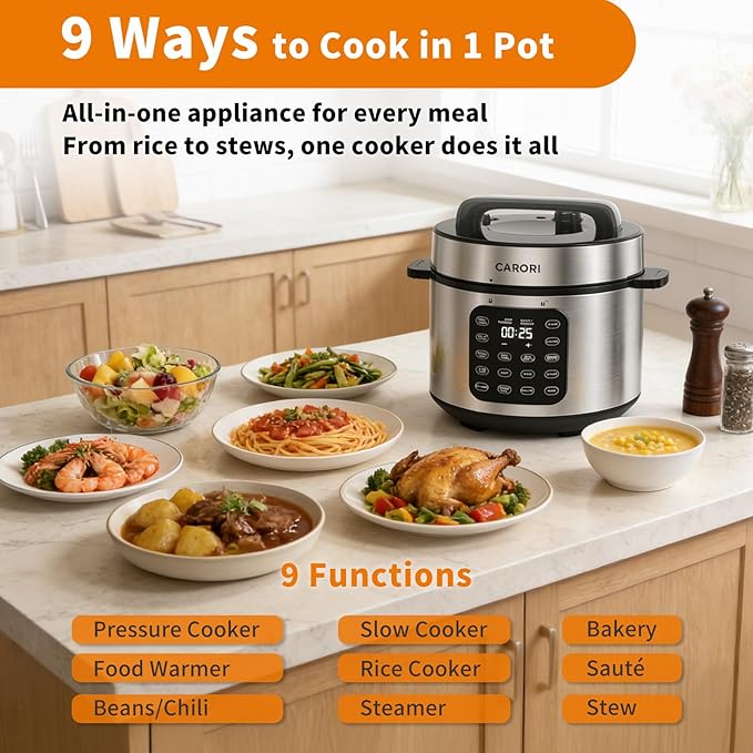 6Qt Electric Pressure Cooker, 9-in-1 Programmable with IMD Touchscreen, Rice Cooker, Slow Cook, Steam, Sauté, Warmer, 24H Delay Start, Non-Stick Ceramic Pot, 1000W, Silver