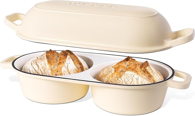 Dutch Oven For Sourdough Bread Baking – Enamelled Cast Iron Bread Loaf Pot – 500°F Oven Safe Non Stick Bread Pot – Double Round Loaf Space, 16.5cm Diameter, Cream, – by Nuovva