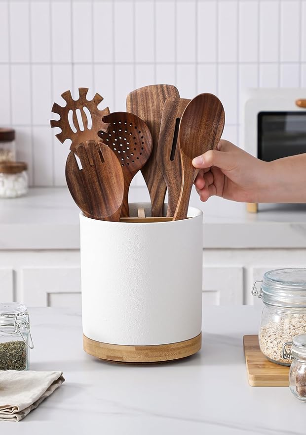 LoeJan 3 Compartment Utensil Holder, Extra Large Utensil Crock, Stable Ceramic Utensil Organizer, Cooking Tool Organizer Set for Kitchen Counter Farmhouse Decor, Textured White