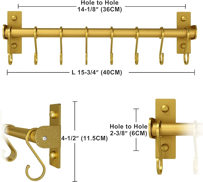 Dseap Kitchen Utensil Holder Hanger, Pot and Pan Rack Wall Mounted, Kitchen Rail with 8 Hooks for Hanging Cooking Utensils, Mugs, Spoons, Wall Mounted, Gold