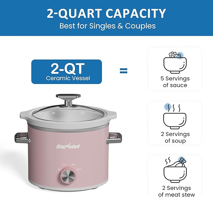 SUNVIVIPRO Small Slow Cooker with Removable Ceramic Pot, Food Warmer with 3 Heating Settings & Dishwasher Safe Glass Lid, Pink