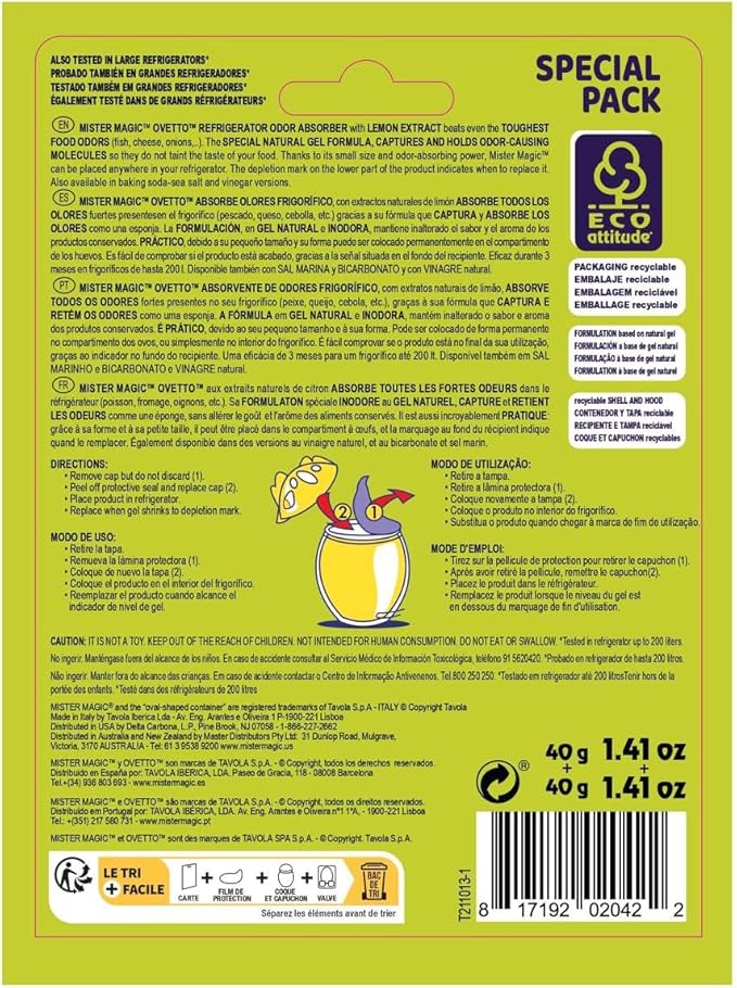 Mister Magic Refrigerator Odor Absorber – Lemon Formula Gel, Odorless Fridge Deodorizer, Neutralizes Food Odors, Lasts Up to 90 Days, Safe for Food, Kitchen Supplies (6 Pack, Contains 12 Units)