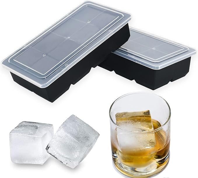 Bangp Large Ice Cube Trays Set(4 Large Silicone Ice Trays,2 Lids,Ice Bin&Tongs),Large Ice Tray Molds for Making 32 Giant Ice Cubes for Whiskey