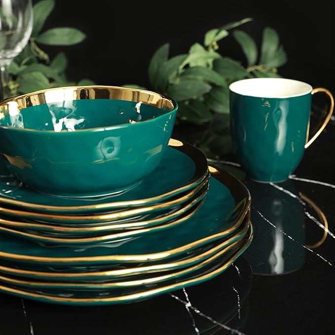Stone Lain Florian Modern Porcelain Dish Set, 32-Piece Dishes for 8, Gold and Green (Porcelain Dinnerware Set)