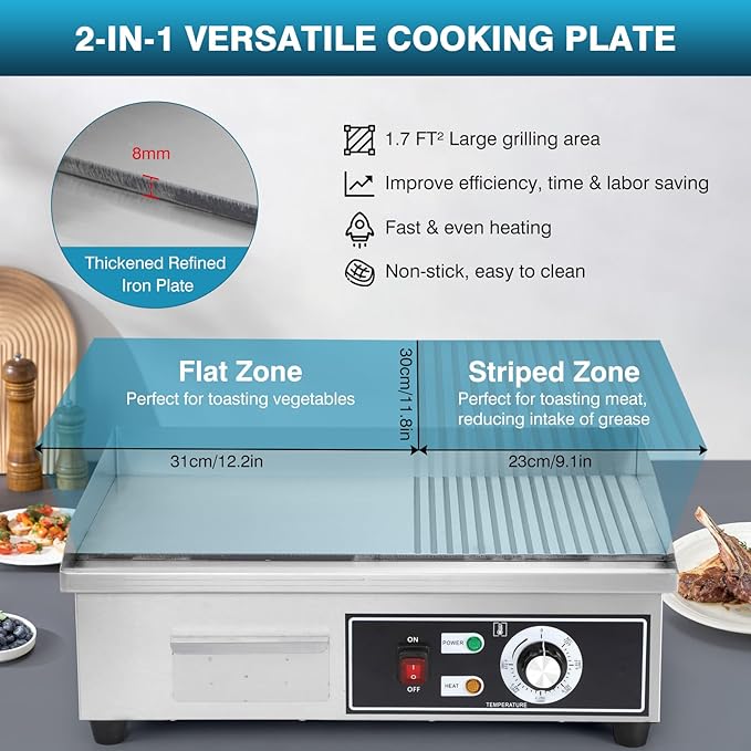 IRONWALLS Electric Griddle Nonstick 22 Inch, Stainless Steel Commercial Griddle for Indoor & Outdoor, 2-IN-1 Half Flat Top Griddle Grill for Restaurant & Home, 122℉-572℉ Adjustable Temperature