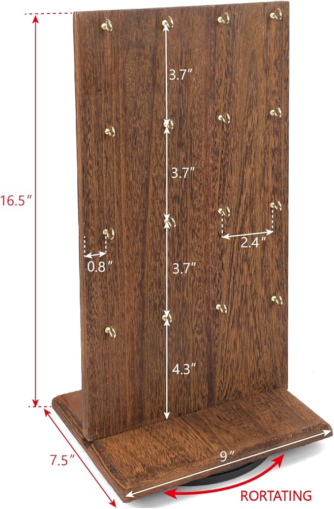 Ikee Design Wooden Rotating Two-Sided Jewelry Display Stand, Rotating Organizer with 32 Hooks for Store, Earring Keychain Display with Hooks, Brown color, 9 W x 7.5 D x 16.5 H in