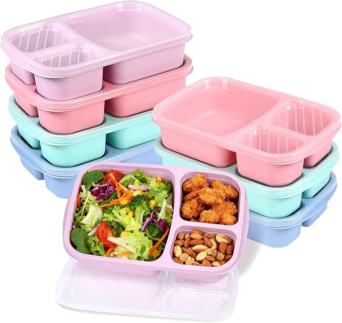 8 Pack Adult Lunch Box Set, Reusable 3-compartment food containers, Microwave and Dishwasher Safe (8 light colors)