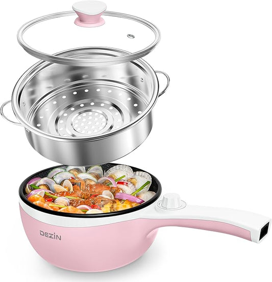 Dezin Hot Pot Electric with Steamer Upgraded, Non-Stick Sauté Pan, Rapid Noodles Electric Pot, 1.5L Mini Pot for Steak, Egg, Fried Rice, Ramen, Oatmeal, Soup with Power Adjustment