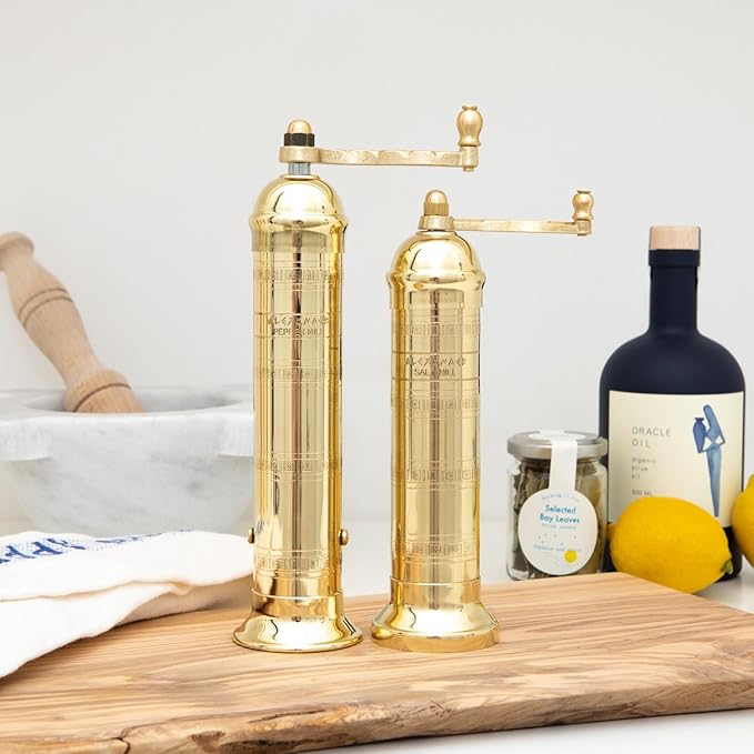 Alexander Home The Original Greek Pepper Mill 8 Inch Tall | European Pepper Mill Grinder with Crank Handle | Manual Pepper Grinder | Peppercorns Refillable - Brass