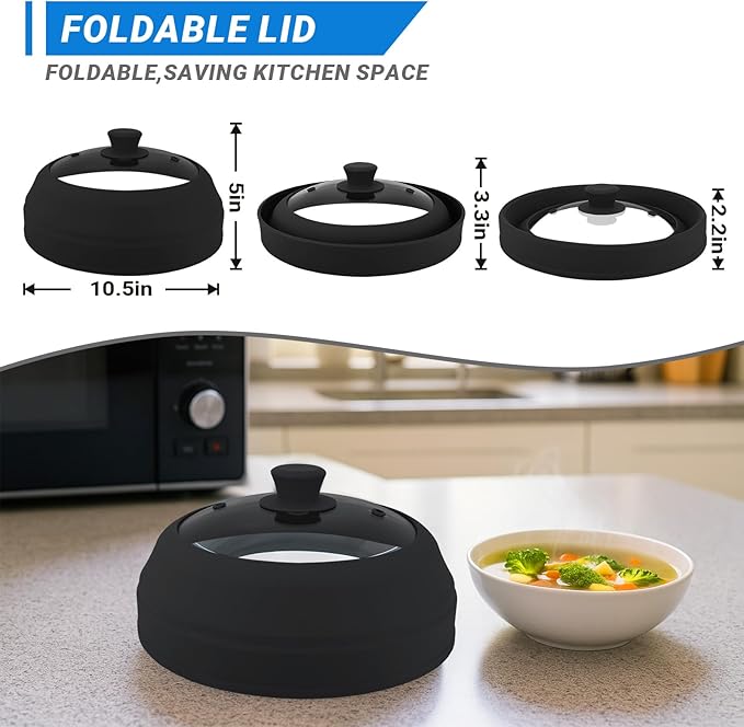 Microwave Splatter Cover Glass,10.5 Inch Collapsible Microwave Cover for Food Glass, Silicone Vented Splatter Guard Lid, Silicone Dish Plate Cover, Dishwasher Safe, Heat Resistant, BPA-Free, Black
