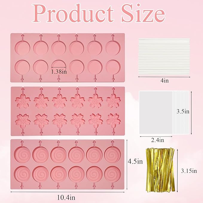 3Pcs Lollipop Mold Kit, 36 Capacity CHELIZIYA 3 Shapes Pink Silicone Candy Molds, Non-Stick Silicone Flower Chocolate Mold with 100Pcs Sticks, 100Pcs Bags, 100Pcs Ties for Party