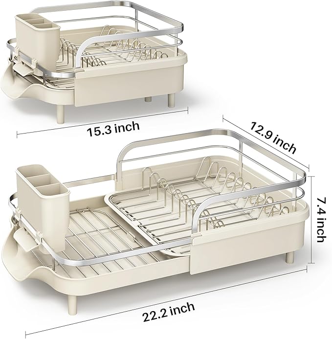 SAYZH Dish Drying Rack - Expandable Dish Rack for Kitchen Counter, Rust-Resistant Dish Drainer with Utensil Holder and Raised Guardrail, Kitchen Organizer for Cup and Bottle (Beige)