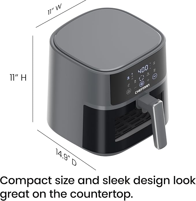 Chefman Air Fryer – 6 QT Compact Airfryer for Quick & Easy Meals, Features Hi-Fry Technology for Extra Crisp, Easy-View Window, Touch Controls with 4 Presets, Nonstick & Dishwasher Safe Basket - Grey