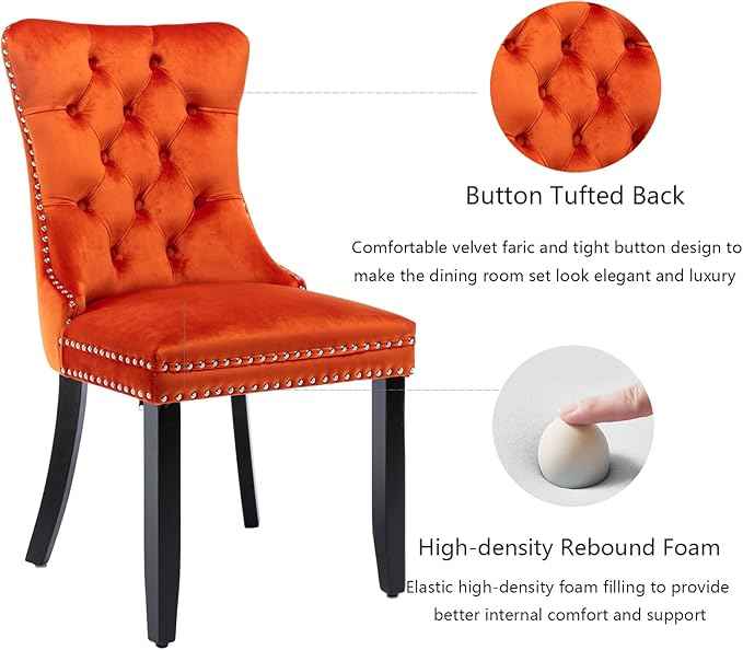 Velvet Dining Chairs Set of 4, Upholstered Dining Room Chairs with Back Ring Pull Trim and Solid Wood Legs,Tufted Wingback Kitchen Chair Perfect for Dining Room,Living Room,Kitchen(Orange)