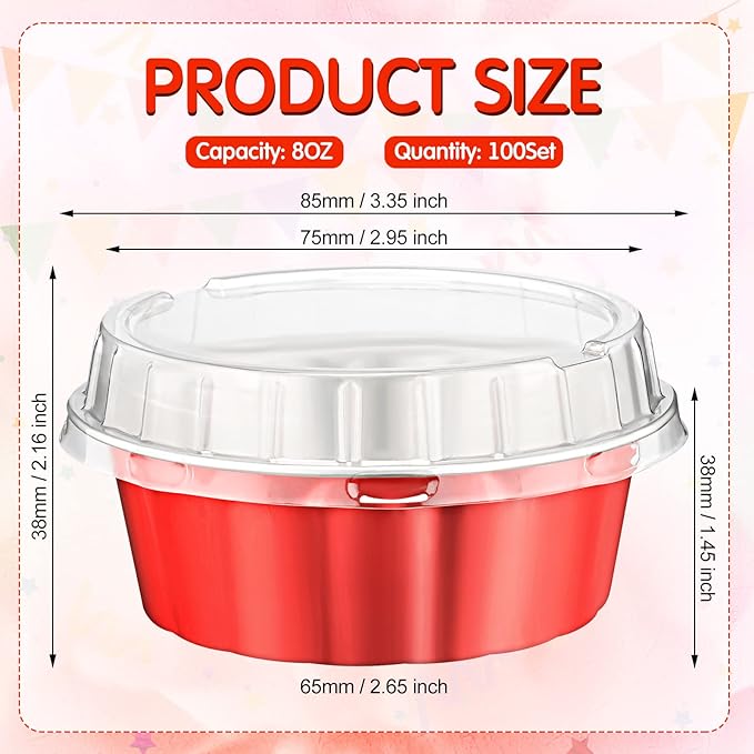 Tessco for you 100 Pcs Disposable Ramekins with Lids 8 oz Creme Brulee Ramekin Aluminum Foil Cup Cupcake Liner Baking Valentines Disposable Muffin Tin Pan Cheesecake Container (Red,Silver)