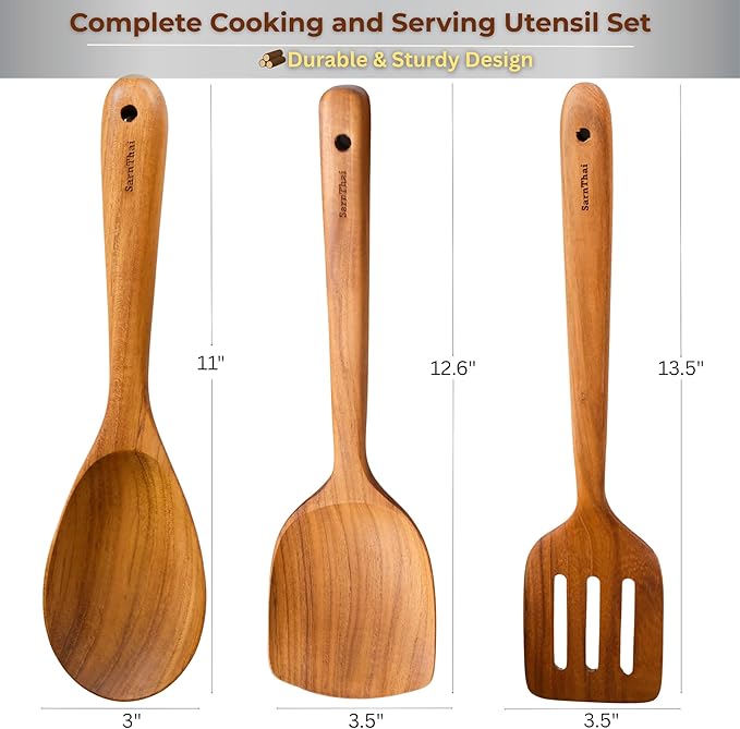 SarnThai Wooden Spoons for Cooking – 3 PCS Handcrafted Thai Teak Utensil Set, Stirring Spatula & Serving Spoon, Eco-Friendly, Ideal as Wok Spatula Wood