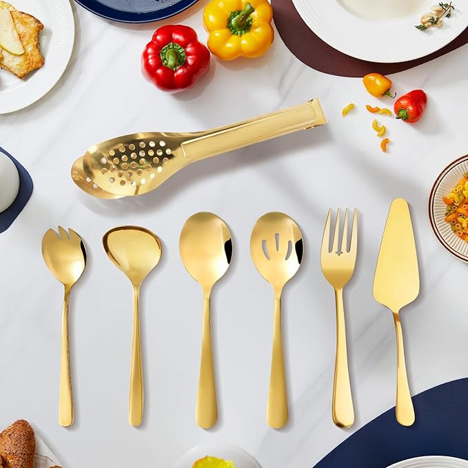 XEVOM Gold Serving Utensils Set, 12 Pack Polished Stainless Steel, Includes Spoons, Forks, Tongs, Ladle, Cake Server (Gold)