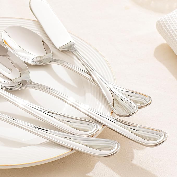 KINGSTONE 12 Piece Teardrop Serving Utensils Set, 18/10 Stainless Steel Serving Utensils, Slotted Spoons, Forks, Tongs, Cake Server, Butter Knife for Buffet, Catering, Wedding, Party
