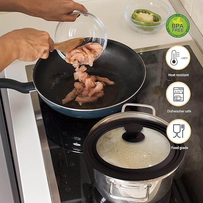 Ydeapi Universal Lids for Pots, Pans & Skillets - Fits 6.5", 7" & 8" Diameter, 9.5", 10" & 11" Diameter Cookware，Tempered Glass with High Heat Resistant Silicone Rim-2PK Cookware（2PK）