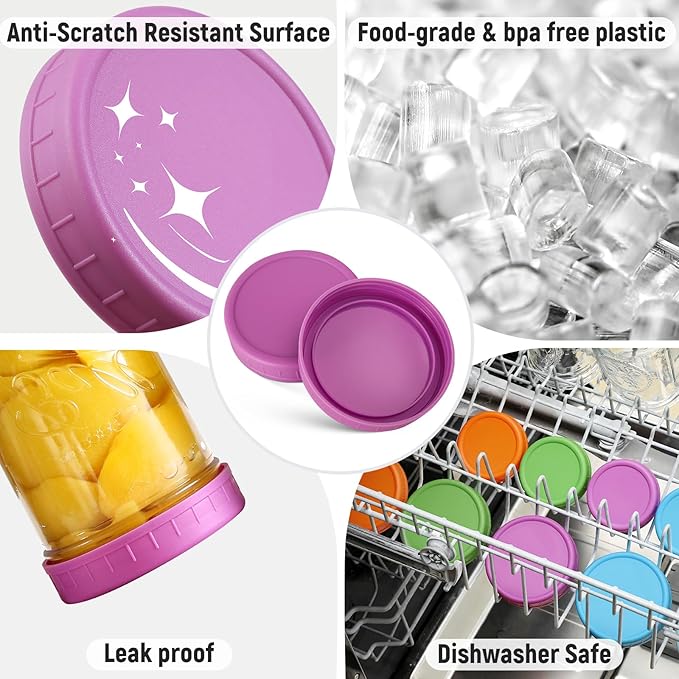 AOZITA 16 Pack Plastic Mason Jar Lids Fits Ball, Kerr & More - 8 Wide Mouth & 8 Regular Mouth - Colored Storage Caps for Canning Jars, Dishwasher Safe & Food Grade & Leakproof