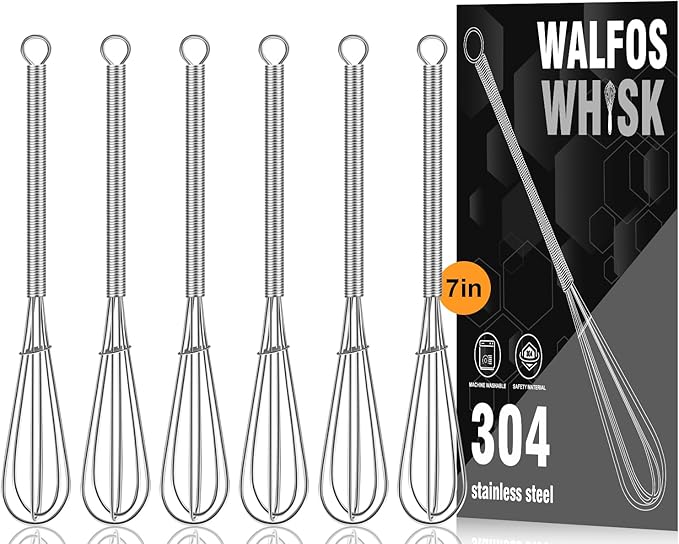 Walfos Mini Whisks Stainless Steel 6pcs; 7" - Small Whisk for Whisking, Beating Eggs, Mixing Sauces, Blending Ingredients