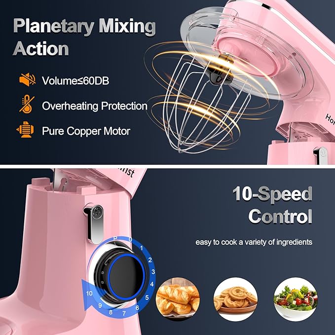 Honinst Stand Mixer, 6.5QT 10-Speed Tilt-Head Electric Stand Mixer, 3-In-1 Kitchen Mixer with Bowl, Dough Hook, Whisk and Beater, Food Mixer for Baking, Cake and Most Home Cooks, Pink