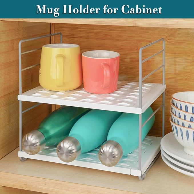 Water Bottle Organizer For Cabinet, Adjustable Tumbler Storage, Expandable Water Bottle Holder For Kitchen Organization, 2 Tier Cup Organizer For Sports Flask Insulated Travel Mug Fridge, White