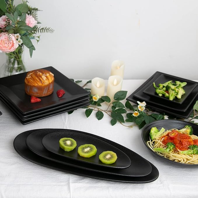 vicrays Large Oval Serving Platters, 16"/14"/10" Porcelain Serving Platters for Party, BBQ,Stackable Serving Trays Serving Plates for Appetizers, Sushi, Restaurant, Set of 3 (Black)`