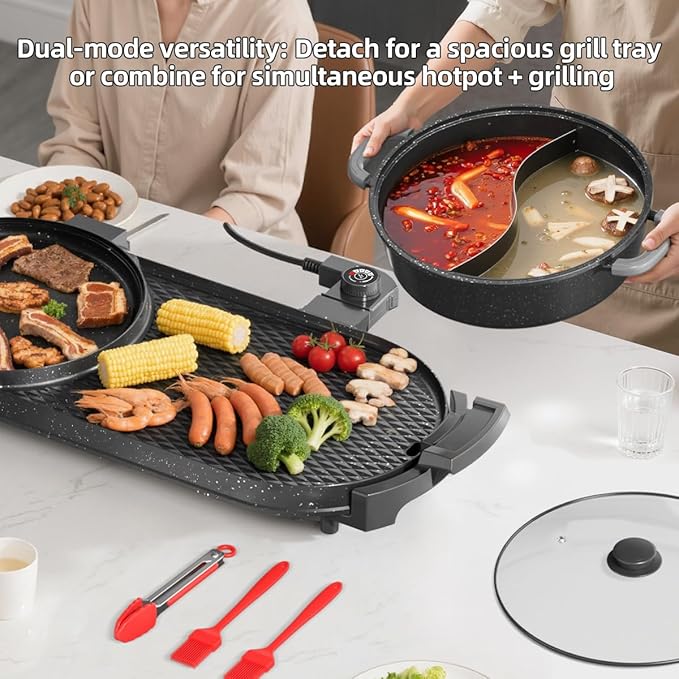 AORAN Electric Grill and Hot Pot Combo for Indoor Cooking, 2200W Detachable Dual Zone BBQ Griddle with Removable Split Pan, Non-Stick Surface, 29x11 Inch Family Size, Includes Grill Tools & Oil Paper