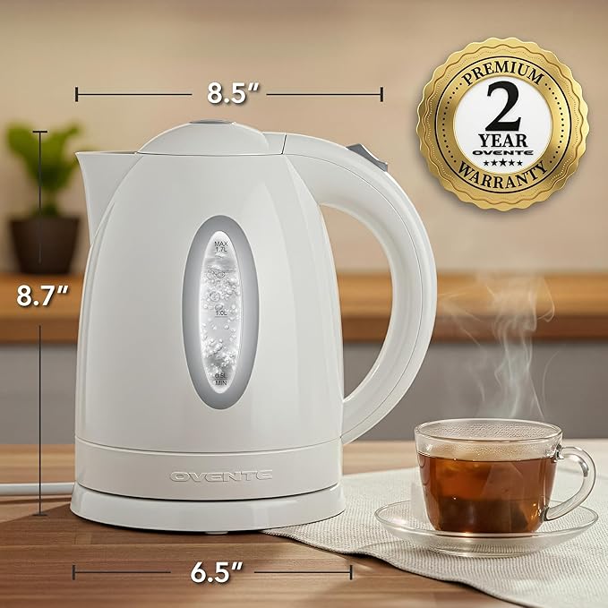 OVENTE Electric Kettle, 1.7L Fast Boiling Water Heater for Coffee or Tea, BPA Free with Water Level Gauge, Auto Shut-Off, Boil-Dry Protection, Indicator Light and Removable Filter, White KP72W