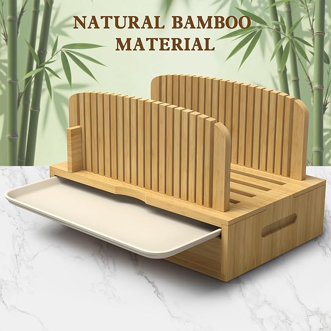 LOHASOK Bamboo Bread Slicer Guide: Bread Cutter for Homemade Bread Loaf - Adjustable and Foldable with Crumb Tray