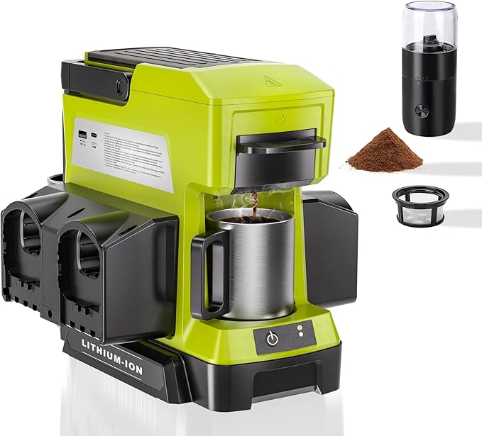 Taingwei Cordless Coffee Maker for Ryobi 18V Battery, Portable Drip Coffee Maker with Electric Coffee Grinder for RV, Camping, Travel, Car, Hiking (Battery Not Included)