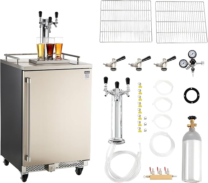 VEVOR Beer Kegerator, Triple Tap Commercial Draft Beer Dispenser for D system, Full Size Keg Refrigerator with 5lbs CO2 Tank, Hold 3 Sixth/2 Slim/3 Ball lock keg (3 taps - D system - stainless steel)