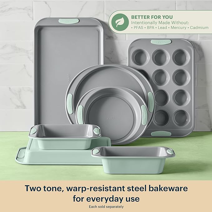 Pyrex (3-Piece) Metal Cookie & Muffin Sheet Bakeware Set, Lightweight Stainless Steel Baking Trays with Heatsafe Silicone Handles, Cookie Muffin Sheet Baking Pan, Sage