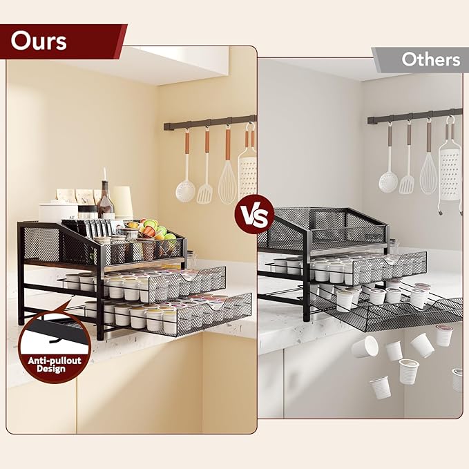 Homsorout Coffee Bar Organizer - Coffee Station for Countertop, Metal and Wood K Cup holder Storage Basket for Coffee Pods, Syrup, Cups, Stirrer, Coffee Condiment, Tea Organizer, Black and Brown