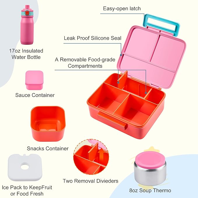 Bento Lunch Box for Kids with 8oz Soup Thermo, Leak-proof Lunch Food Containers with 5 Compartment, Insulated Lunch Bag & 17oz Stainless Steel Water Bottle for School, Trvael