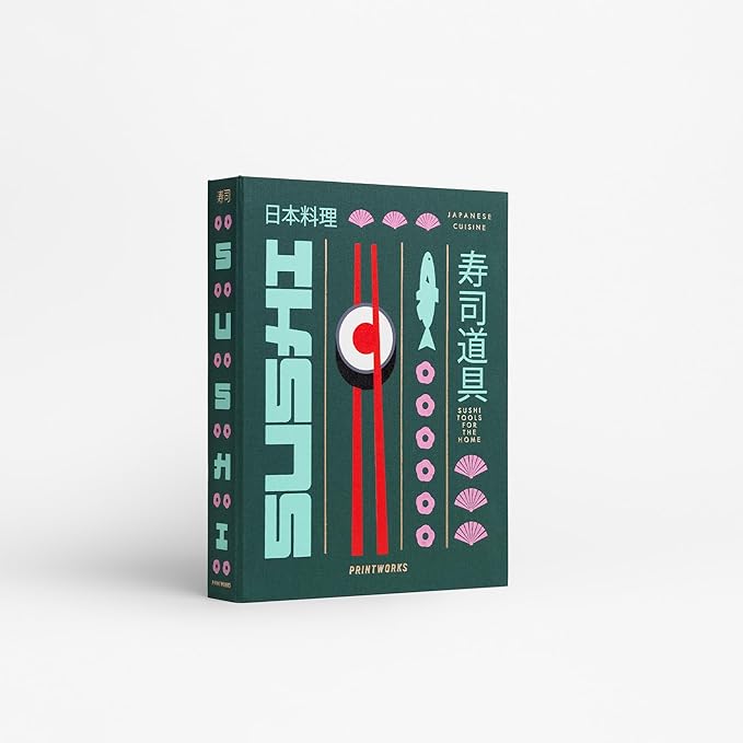 Printworks The Essentials, Sushi Tools – Sushi Making Kit with Roller, Rice Paddle, Spreading Knife, and 8 Chopsticks in an Elegant Book-Style Case