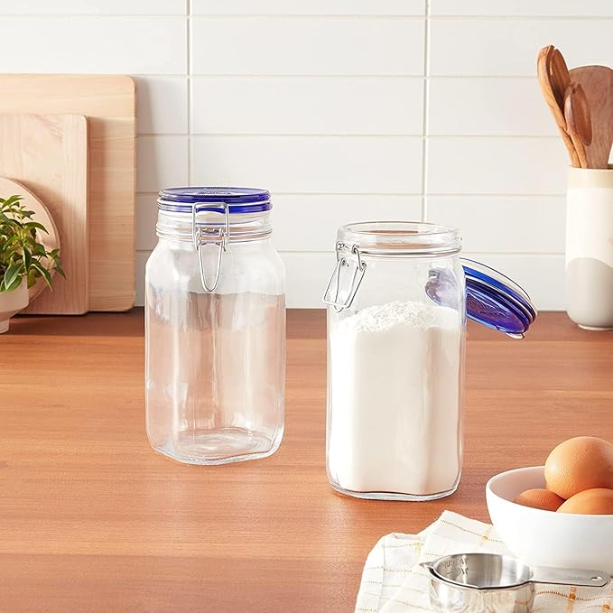 Bormioli Rocco Fido Collection, 2 Pack, 50.75 Oz. Food Storage Glass Jars, Airtight Rubber Seal & Glass Lid, With Stainless Wire Clamp, Made In Italy.