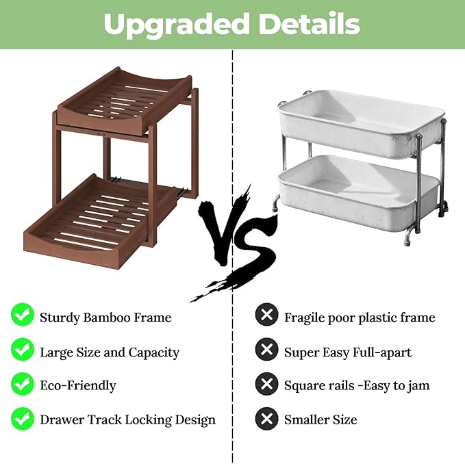 MHXW SXPN Bamboo Under Sink Organizer and Storage, Pull Out Cabinet Organization, 2 Tier Vertical Slide Out Undersink Storage Shelf, Organizer Shelves for Kitchen Bathroom Medicine (Brown, 2 Pack)