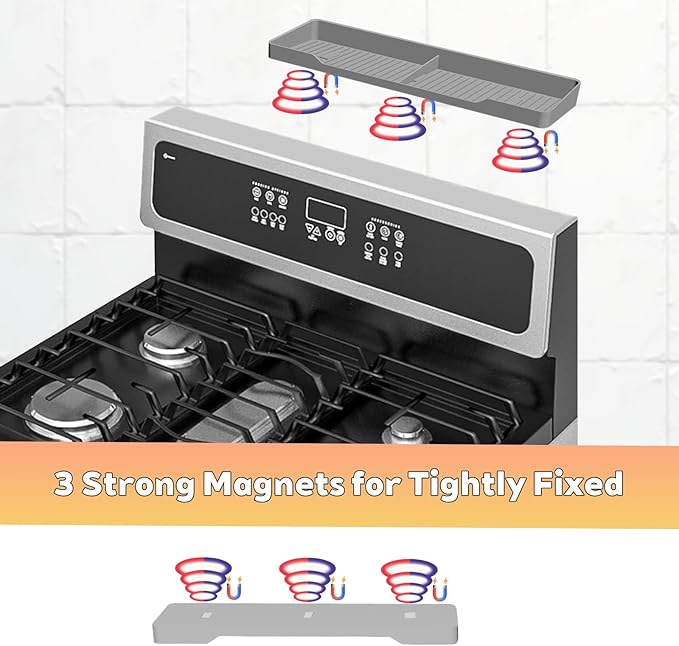 15 Inch Magnetic Silicone Stove Top Shelf, Heat Resistant Spice Rack for Kitchen, Space Saving Organizer with 3 Sticky Pads, Fits Back of Stove (Light Grey, 15" x 3.8")