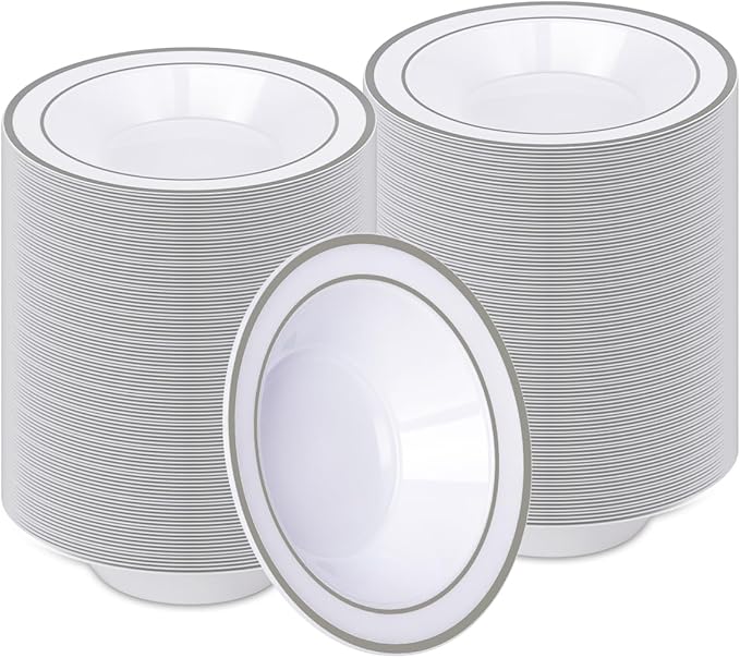 BESTVIP 200 Pack Plastic Bowls with Silver Rim, 12 oz Disposable Soup Bowls, Heavy-duty Dessert Fruit Bowl for Party, Wedding, Christmas, Thanksgiving, Dinner Catering