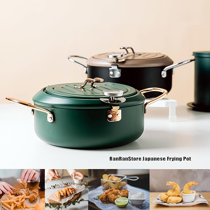 Deep Fryer Pot, 4.3L/11 Inch Japanese Tempura Frying Pot with Fahrenheit Thermometer, Nonstick Carbon Steel Oil Fryer, for Tempura/Frech/Fish/Chicken Fries, Easy Clean, Green